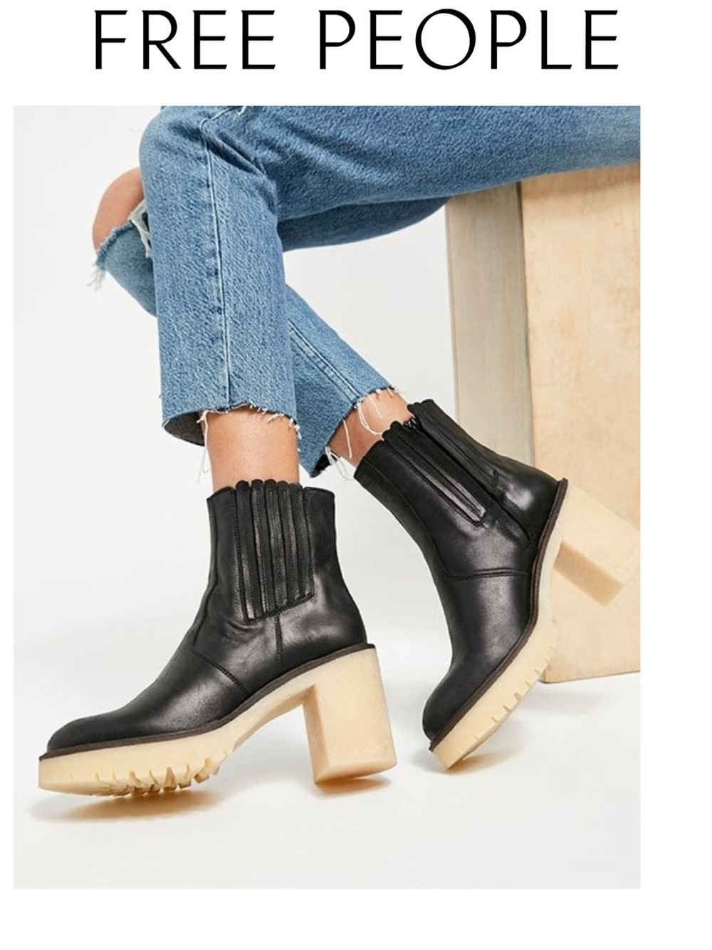Free People Black Leather Ankle Boots with Cream Lug Sole